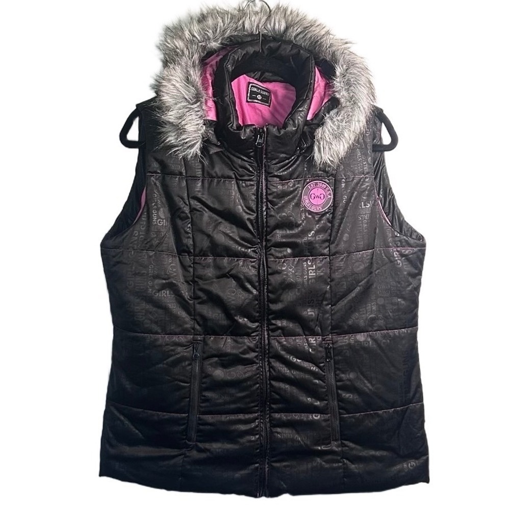 Girls With Guns Hooded Puffer Vest Size XL Faux Fur Cowgirl Western Rodeo Hunter